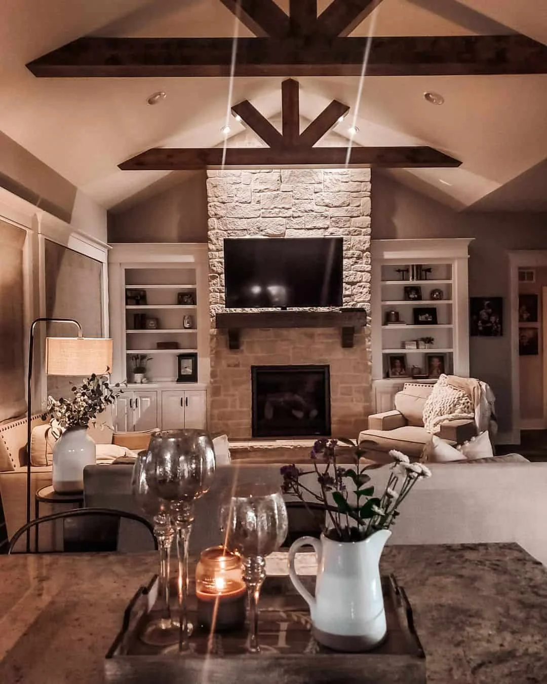 Vaulted Ceiling Living Room with Stone Fireplace