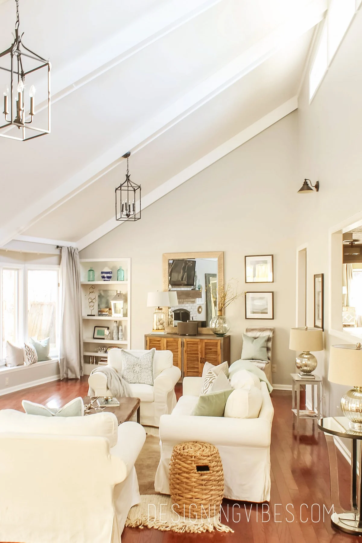 Vaulted Ceiling Living Room with Lantern-Style Lighting