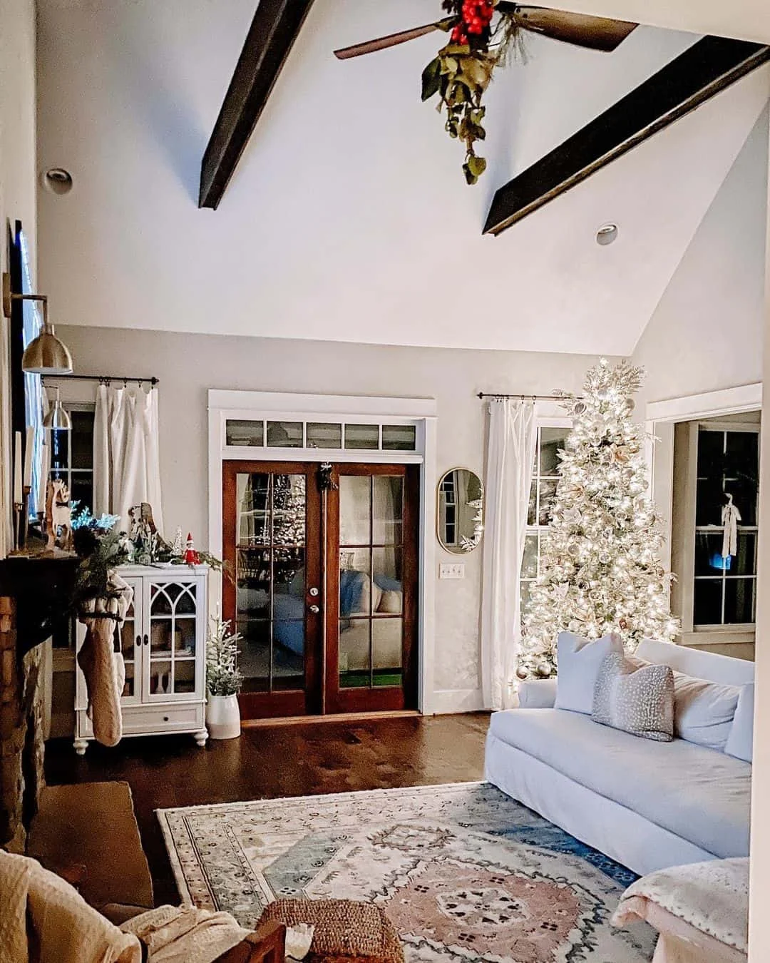 Vaulted Ceiling Living Room Decorated for Christmas