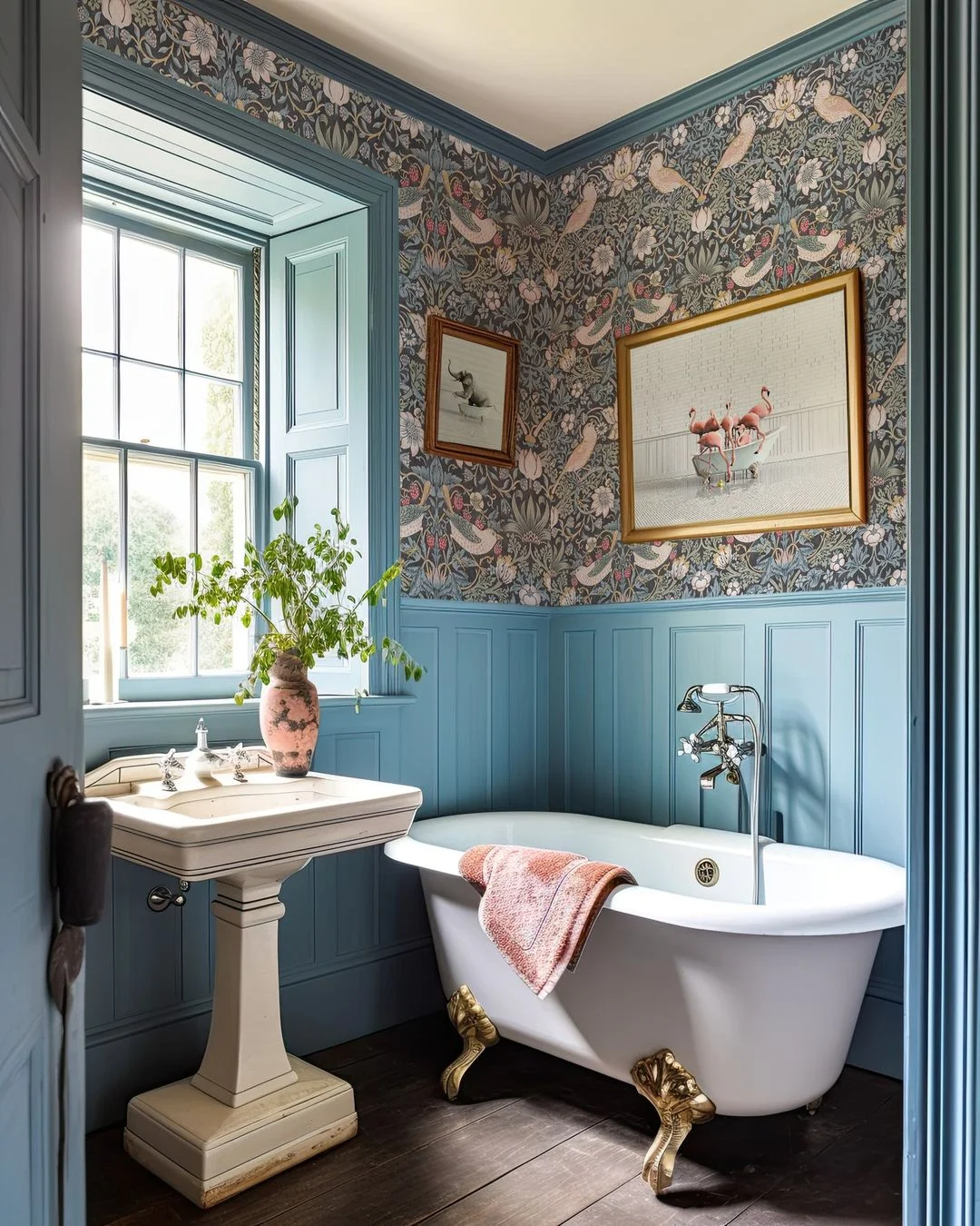 Wainscoting Bathroom with Floral Wallpaper