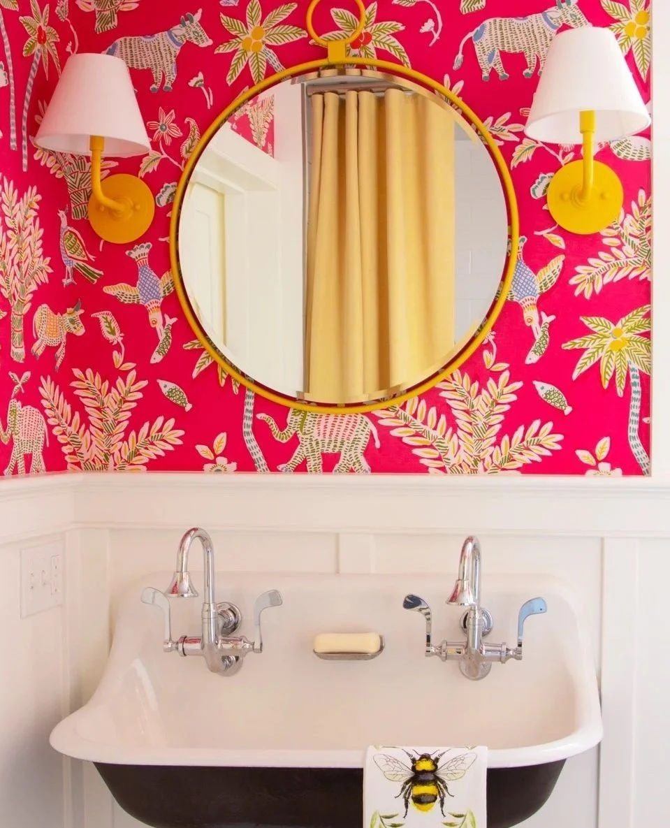 Bold Pink Bathroom with Animal Wallpaper and Yellow Accents