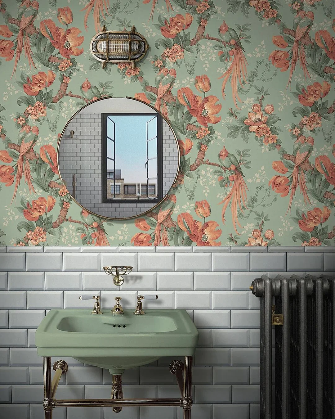 Vintage-Inspired Bathroom with Bird and Floral Wallpaper