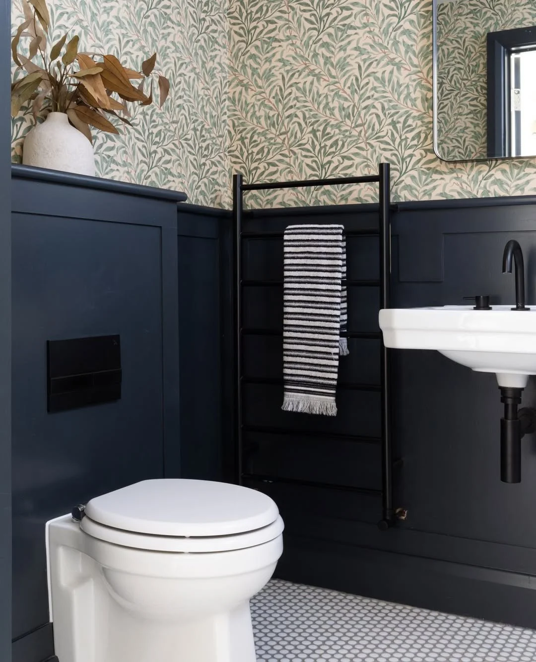 Moody Blue Bathroom with Botanical Wallpaper