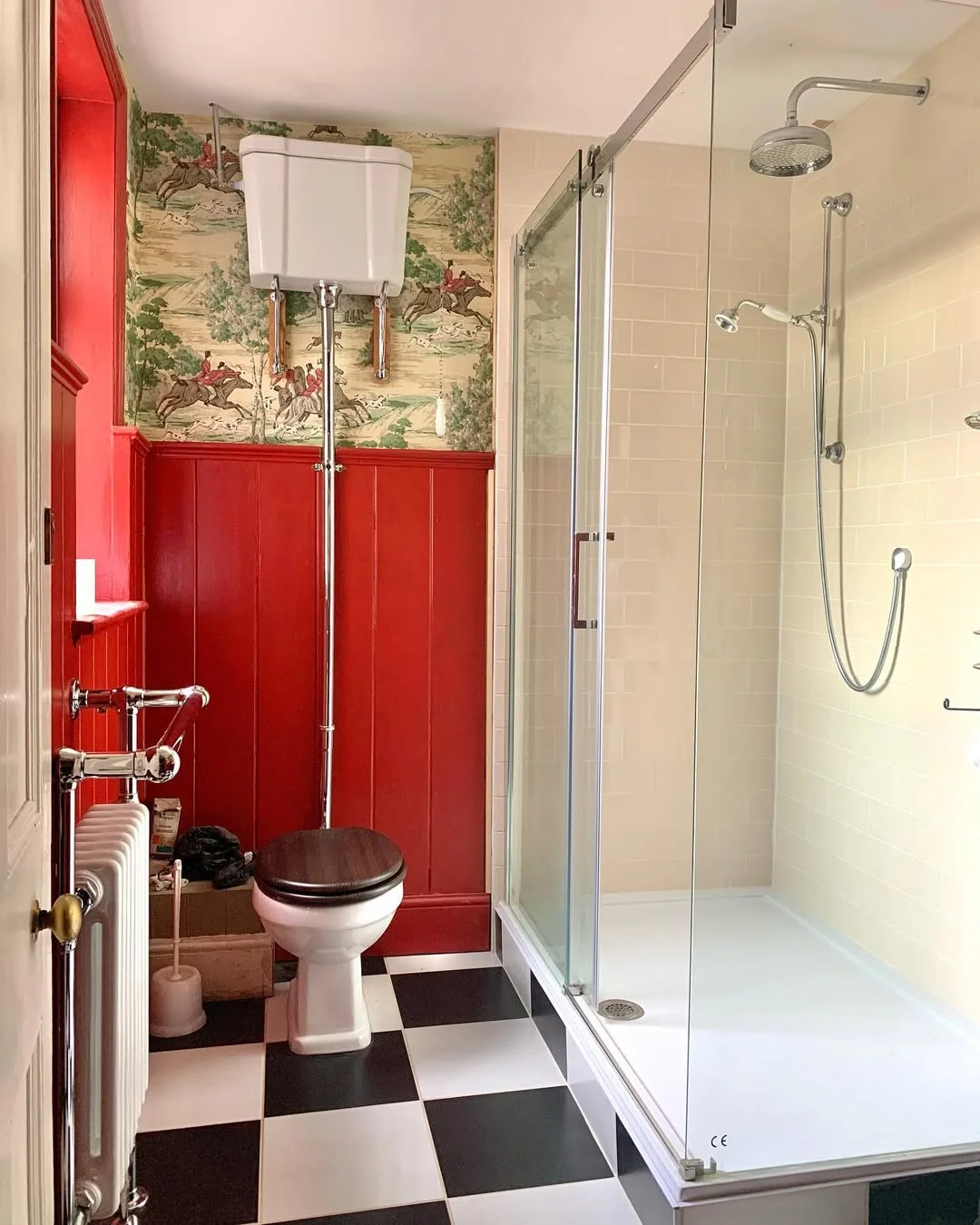 Bold Bathroom with Equestrian Wallpaper and Checkered Floor