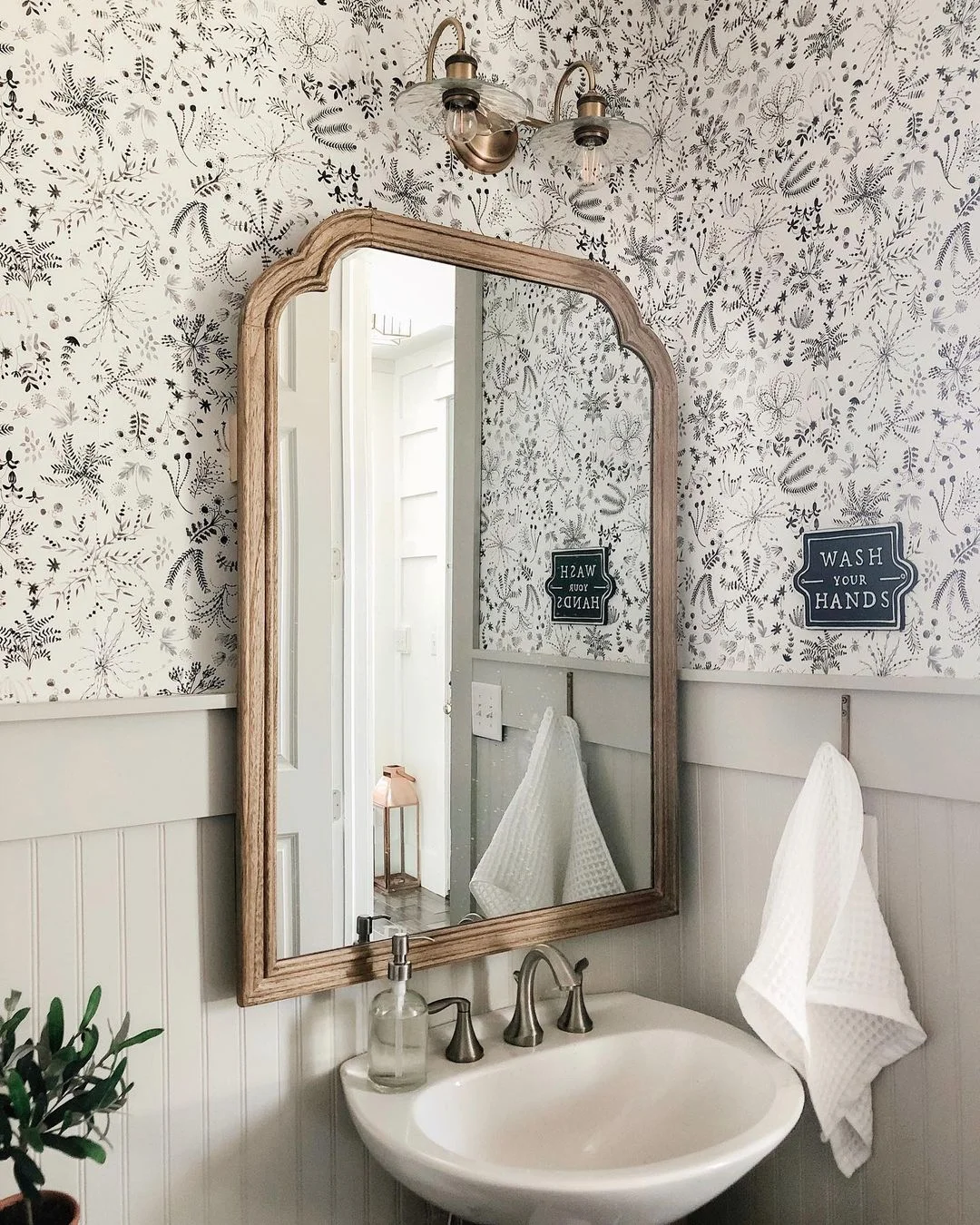 Farmhouse Style Bathroom with Botanical Wallpaper