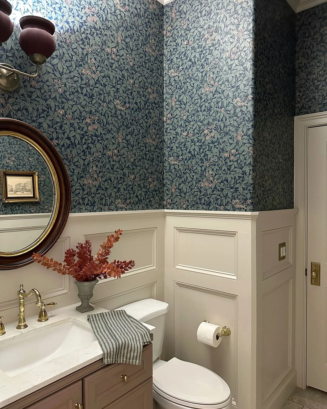 Classic Bathroom with Wainscoting and Botanical Wallpaper