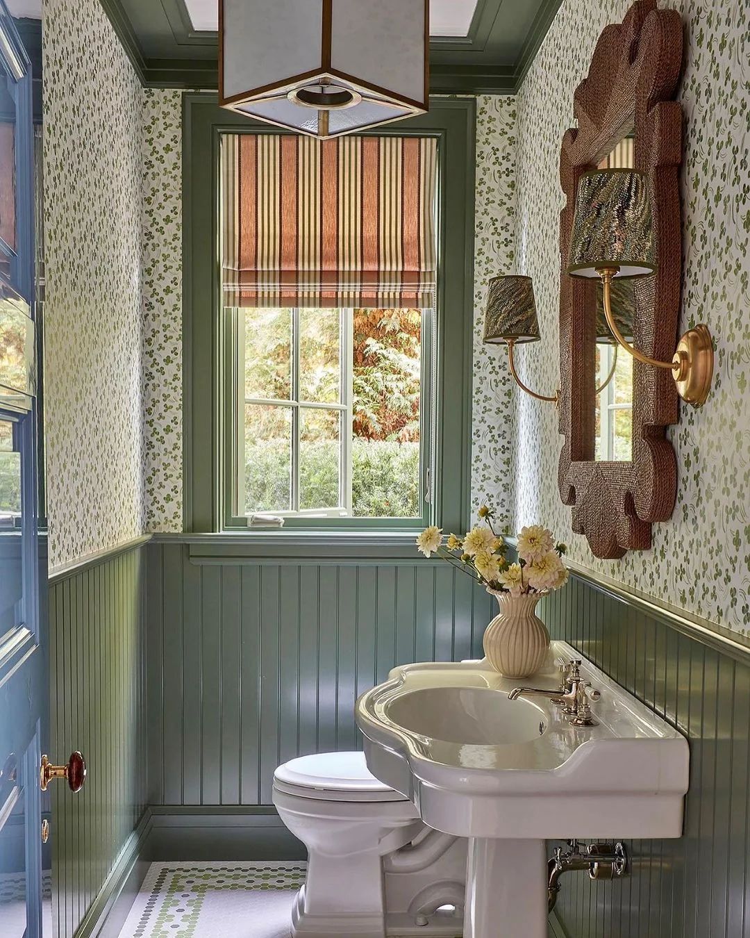 Green Wainscoting Bathroom with Clover Wallpaper