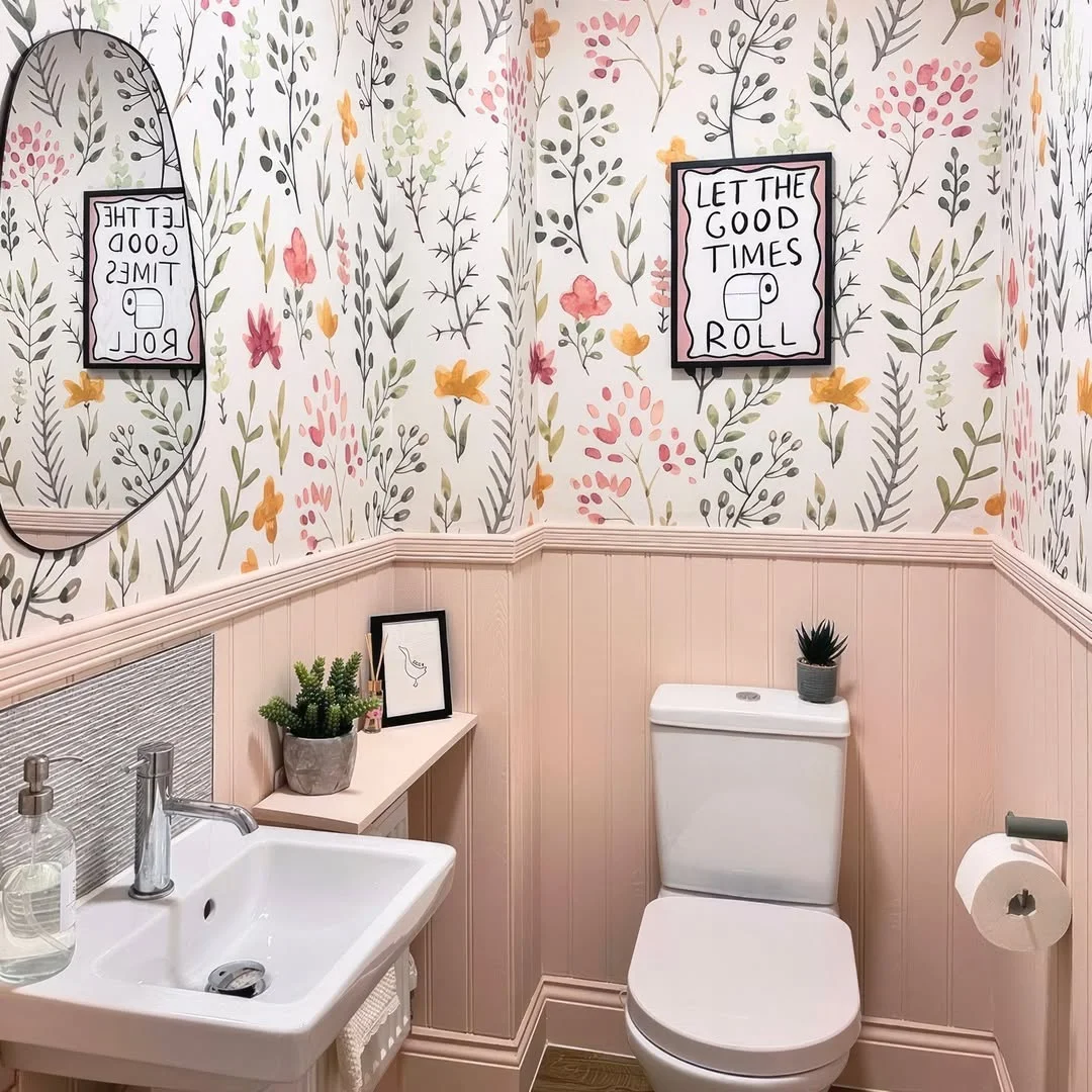 Blush Pink Wainscoting Bathroom with Floral Wallpaper