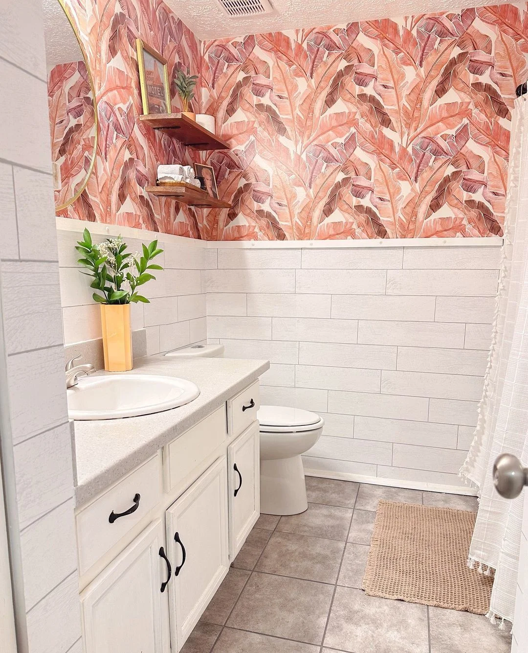 Tropical Bathroom with Palm Wallpaper and Shiplap