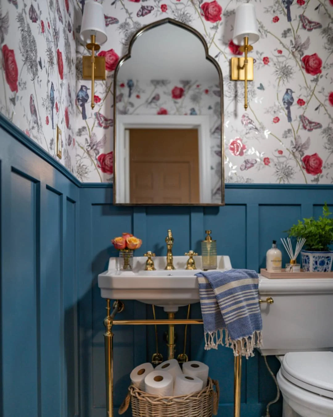 Blue Wainscoting Bathroom with Floral Wallpaper