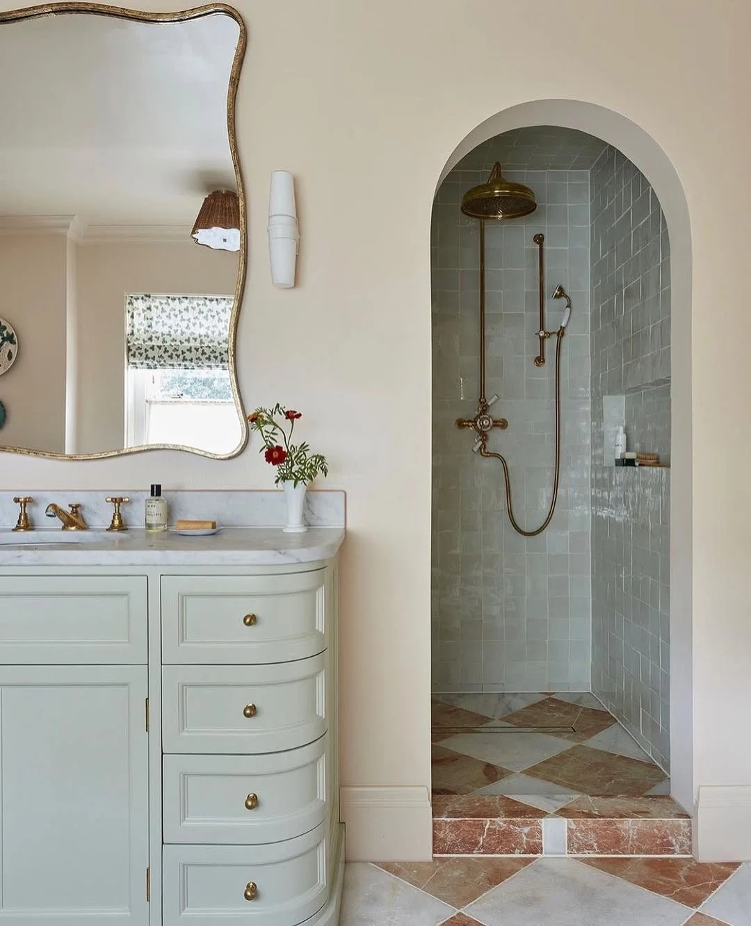 Soft &amp; Romantic Bathroom with Arched Walk-In Shower