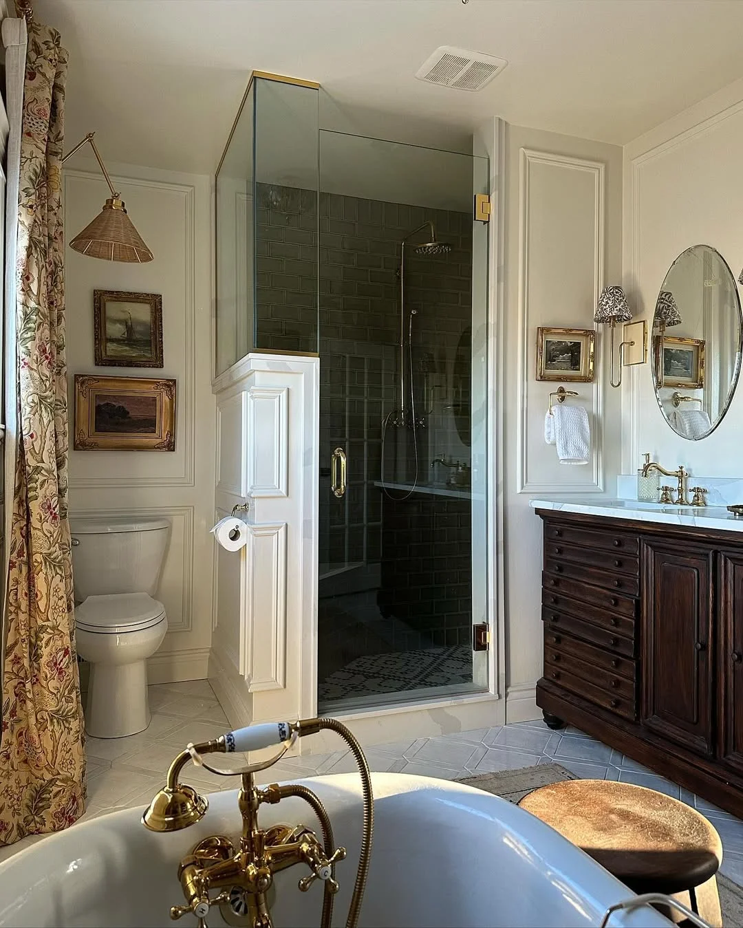 Classic Bathroom with Charcoal Shower and Gold Accents