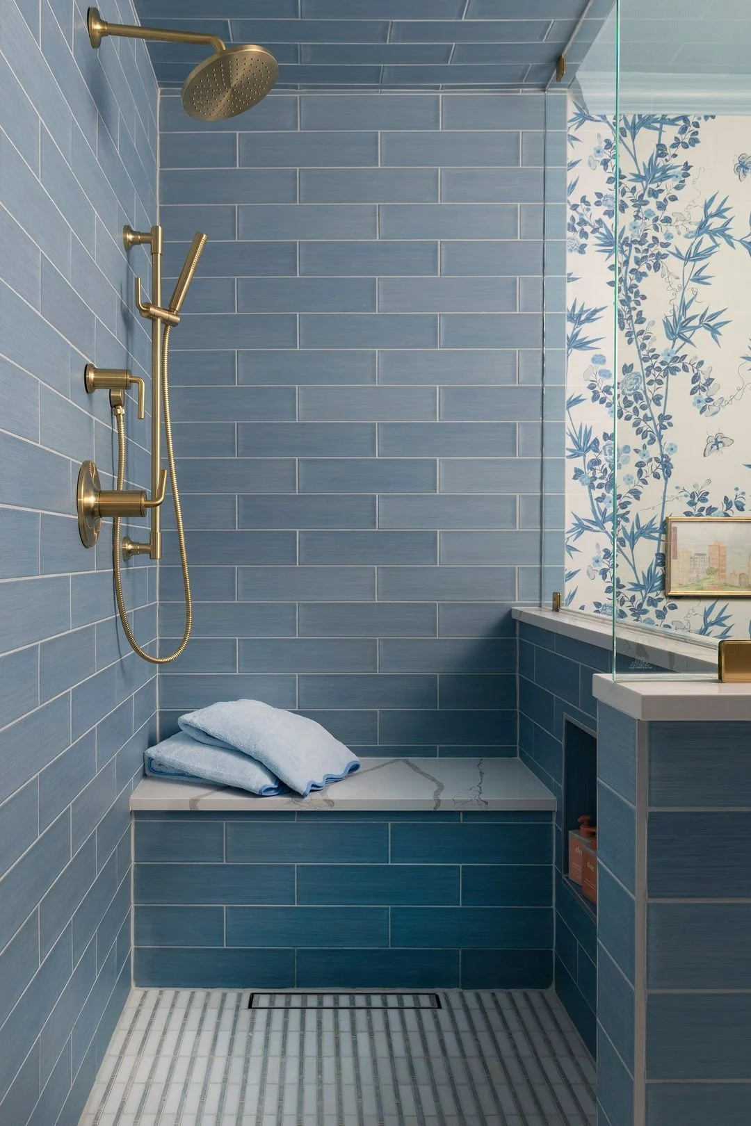 Tranquil Blue Walk-in Shower with Botanical Wallpaper Accent