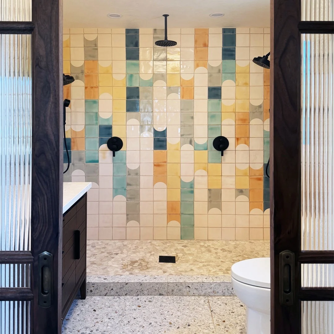 Retro-Modern Walk-in Shower with Playful Tiles