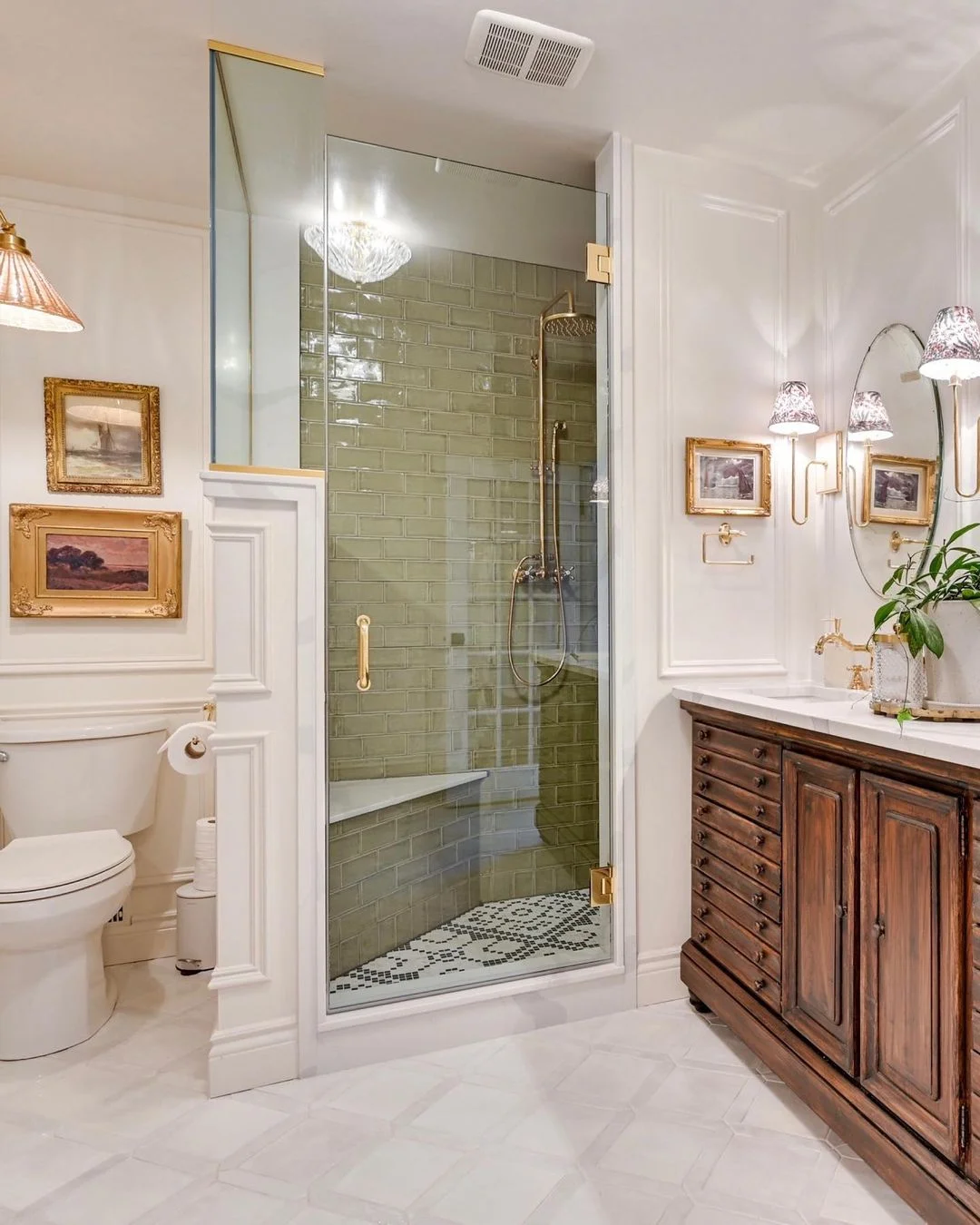 Elegant Traditional Bathroom with Green Tiled Walk-In Shower