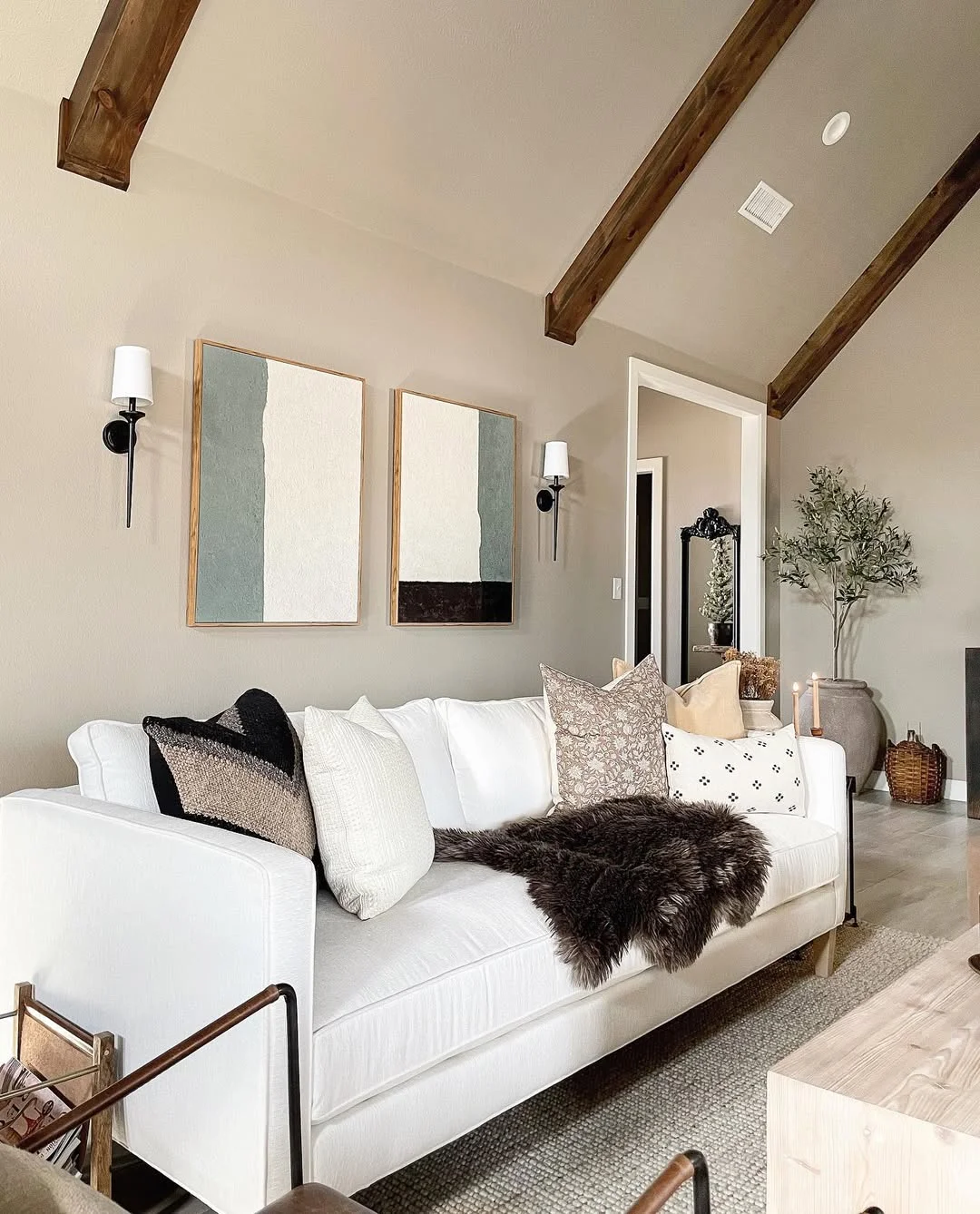 White Sofa with Exposed Beams