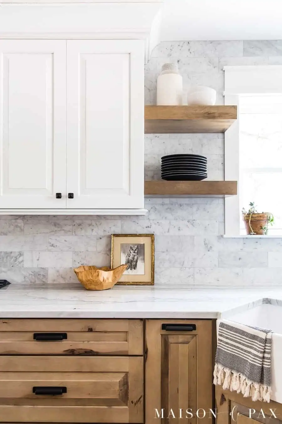 Two-Tone Kitchen: Black Hardware with White and Wood Cabinets