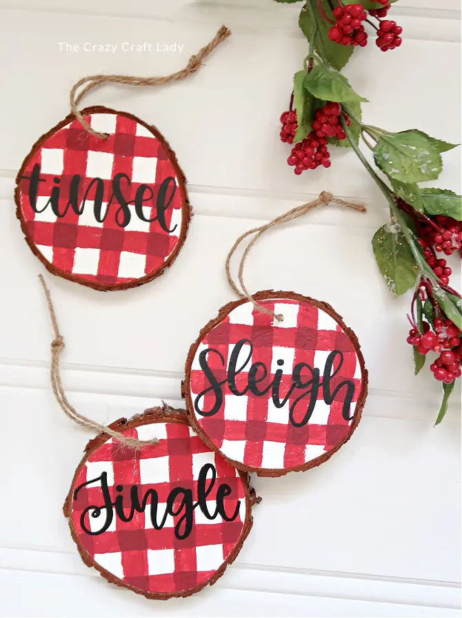 Buffalo Plaid Wood Round Ornaments