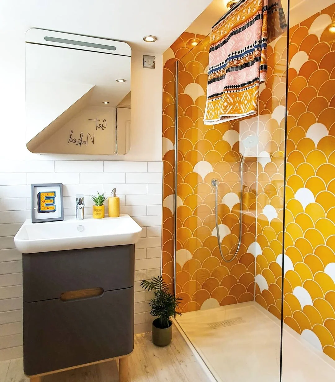 Marigold Mermaid: A Yellow Scalloped Tile Bathroom