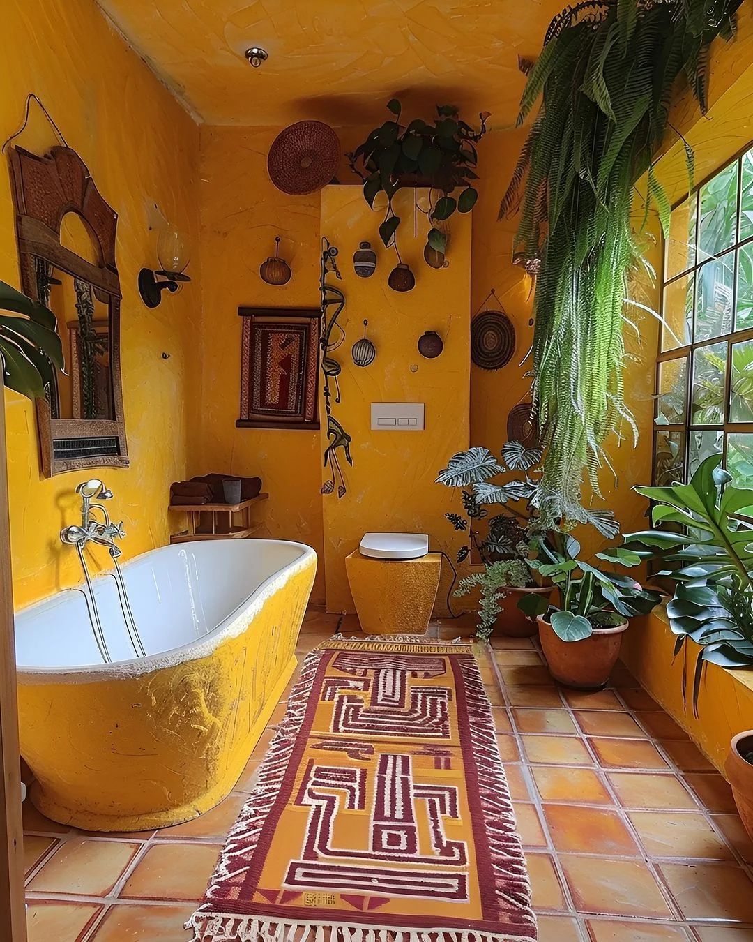 Jungle Jaundice: A Lush Yellow Bathroom Oasis