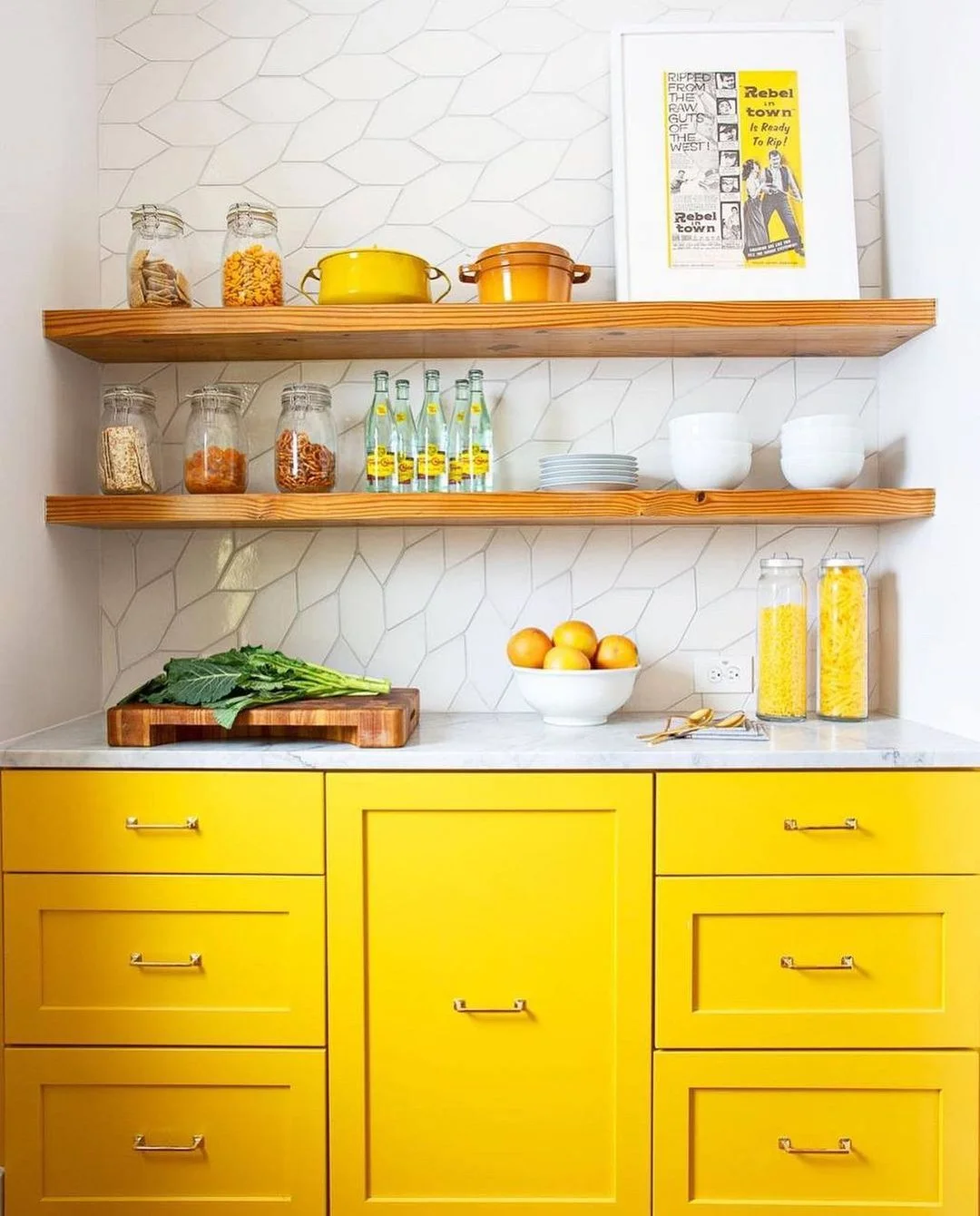 Bright Yellow with Open Wood Shelving