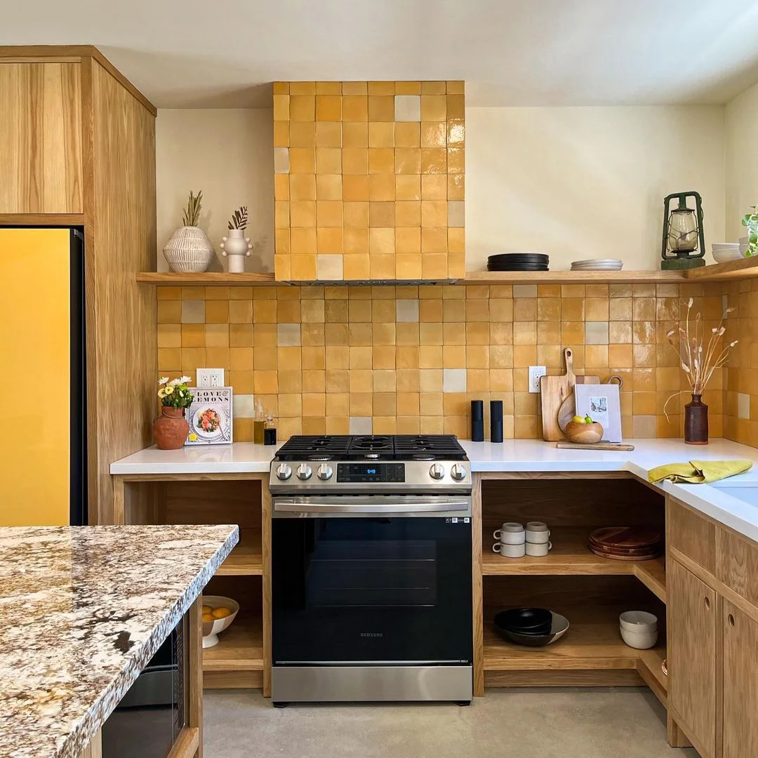 Warm Yellow Tiles and Woodsy Accents